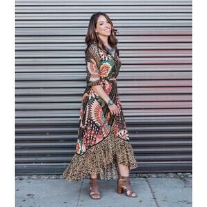 Farm Rio for Anthropologie Amorina Wrap Tropical Floral Maxi Dress Size XS